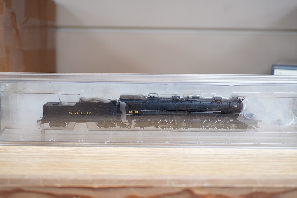A group of N gauge railway by Graham Farish, Bachmann Spectrum, etc. mainly American outline, including seven locomotives; a W&LE 2-6-6-2 tender locomotive, 8003 (82656), a Union Pacific Co-Co diesel loco, 9202 (85052),